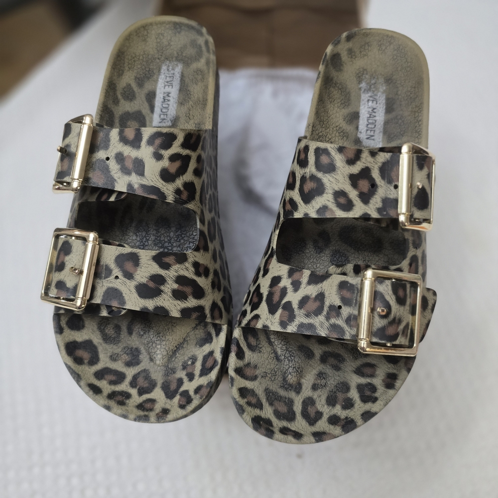 Steve Madden Leopard Print Double Buckle Slide Sandals - Gold Buckles